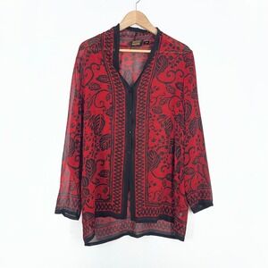 Dana Buchman Red Black Floral Sheer Button Front Tunic Blouse Womens Size 14